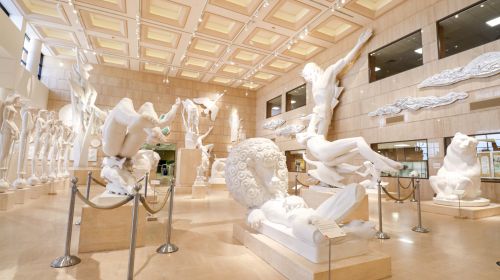 A large room of sculptures